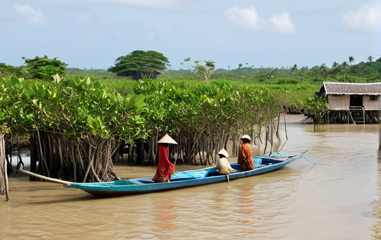 **

A coastal Vietnamese village with traditional houses on stilts, partially submerged by rising sea levels. In the foreground, villagers are shown adapting by using boats for transportation and reinforcing their homes with sandbags. Lush mangrove forests are visible in the background, acting as a natural barrier against the sea. Focus on resilience and adaptation in the face of climate change.

**