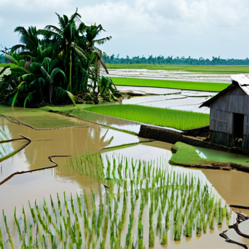 Home 6 **Prompt 1 (Focus on Impact):**
A poignant and urgent scene depicting the direct impacts of sea-level rise on Vietnam's vulnerable coast. Show a traditional Vietnamese rural landscape, possibly in the Mekong Delta, where lush green rice paddies are now partially submerged by encroaching salty water, with withered crops visible. In the foreground, a small, weathered house shows signs of flooding, perhaps with water reaching its lower walls. The coastline in the background is visibly eroded. The sky is overcast and somewhat dramatic, conveying a sense of loss and the immediate threat of climate change.
* **Mood:** Somber, urgent, concerning.
* **Colors:** Muted greens, browns, and grays, with dominant blues for water.
* **Elements:** Submerged fields, traditional house, coastal erosion, salinity intrusion, Mekong Delta context.