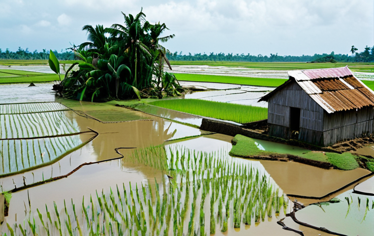 **Prompt 1 (Focus on Impact):**
    A poignant and urgent scene depicting the direct impacts of sea-level rise on Vietnam's vulnerable coast. Show a traditional Vietnamese rural landscape, possibly in the Mekong Delta, where lush green rice paddies are now partially submerged by encroaching salty water, with withered crops visible. In the foreground, a small, weathered house shows signs of flooding, perhaps with water reaching its lower walls. The coastline in the background is visibly eroded. The sky is overcast and somewhat dramatic, conveying a sense of loss and the immediate threat of climate change.
    *   **Mood:** Somber, urgent, concerning.
    *   **Colors:** Muted greens, browns, and grays, with dominant blues for water.
    *   **Elements:** Submerged fields, traditional house, coastal erosion, salinity intrusion, Mekong Delta context.