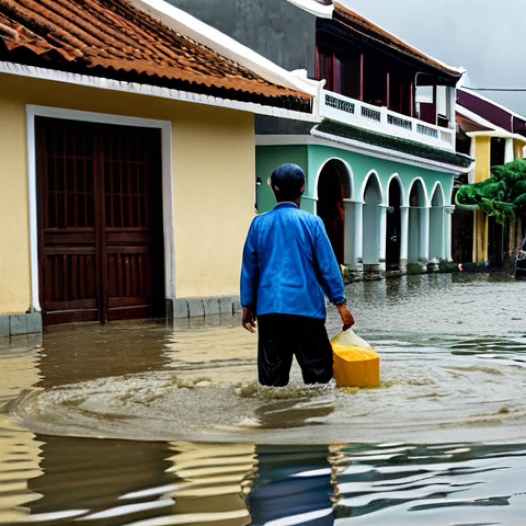 Coastal Flooding in Vietnam**
"A flooded street in a Vietnamese coastal city, possibly Hoi An or Da Nang, during monsoon season. Homes and businesses partially submerged, people wading through knee-deep water. Traditional Vietnamese architecture visible in the background. Gray, overcast sky, reflecting the somber mood. Focus on the human impact and the struggle to cope with rising water levels. Safe for work, appropriate content, fully clothed, professional, modest, family-friendly, perfect anatomy, correct proportions, natural pose, professional photography, high quality."
**
