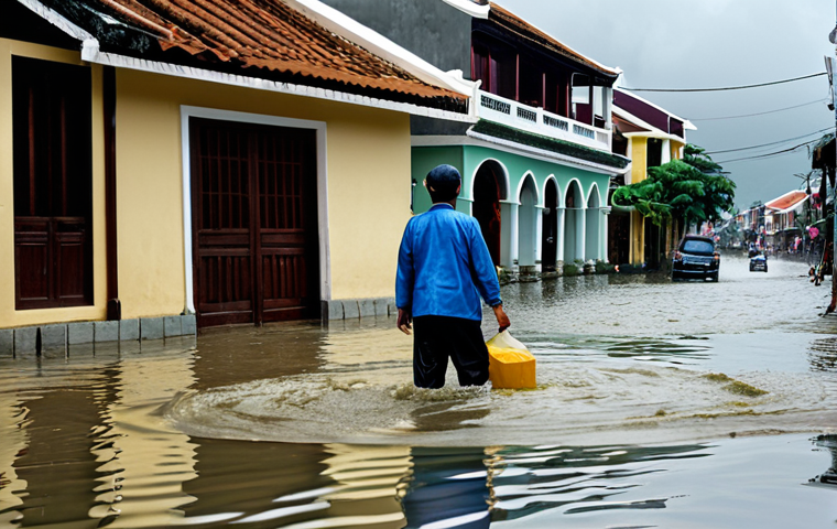 Coastal Flooding in Vietnam**
"A flooded street in a Vietnamese coastal city, possibly Hoi An or Da Nang, during monsoon season. Homes and businesses partially submerged, people wading through knee-deep water. Traditional Vietnamese architecture visible in the background. Gray, overcast sky, reflecting the somber mood. Focus on the human impact and the struggle to cope with rising water levels. Safe for work, appropriate content, fully clothed, professional, modest, family-friendly, perfect anatomy, correct proportions, natural pose, professional photography, high quality."
**