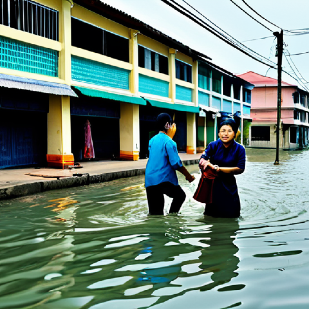 Coastal City Threat**
"An illustration depicting a Vietnamese coastal city street partially submerged by rising sea levels. Buildings are partially underwater, but people are shown helping each other evacuate in an orderly fashion. Focus on resilience and community spirit, not disaster. Fully clothed, modest clothing, appropriate attire, family-friendly, safe for work, perfect anatomy, correct proportions, natural pose, professional illustration, high quality."
**