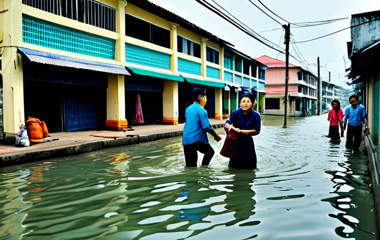 Coastal City Threat**
"An illustration depicting a Vietnamese coastal city street partially submerged by rising sea levels. Buildings are partially underwater, but people are shown helping each other evacuate in an orderly fashion. Focus on resilience and community spirit, not disaster. Fully clothed, modest clothing, appropriate attire, family-friendly, safe for work, perfect anatomy, correct proportions, natural pose, professional illustration, high quality."
**
