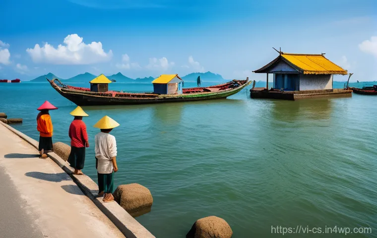 해수면 상승 대응을 위한 정책 개선 사항 - **Prompt:** A panoramic view of a robust, modern concrete sea dike protecting a vibrant Vietnamese c...
