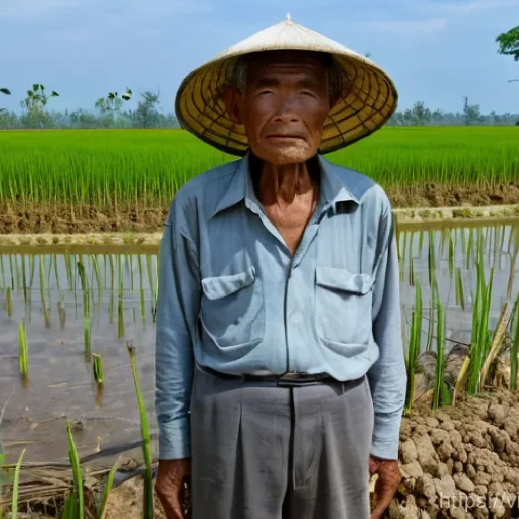 해수면 상승의 지역별 영향 차이 분석 - **Mekong Delta Farmer Facing Salinization:** A wide shot of an elderly Vietnamese farmer, male, with...