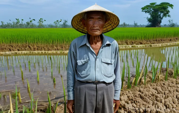 해수면 상승의 지역별 영향 차이 분석 - **Mekong Delta Farmer Facing Salinization:** A wide shot of an elderly Vietnamese farmer, male, with...