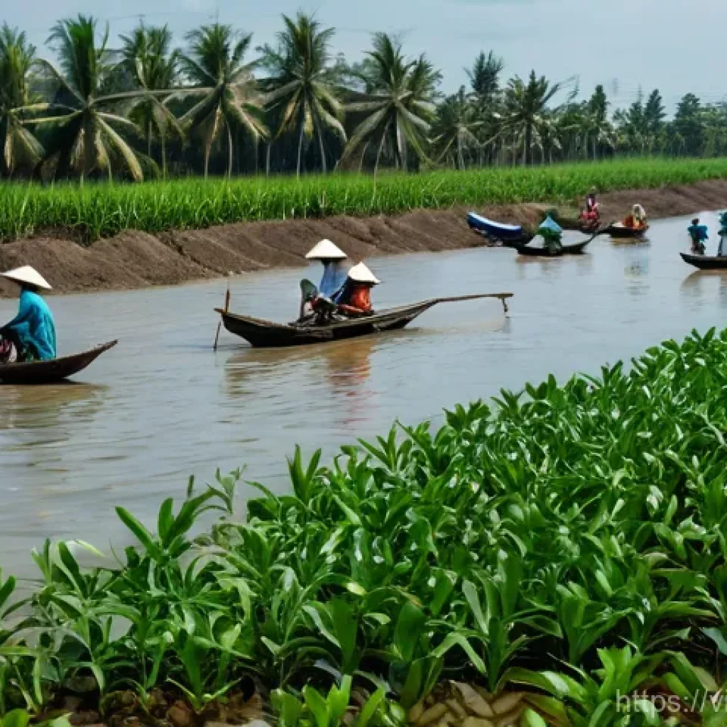 해수면 상승 대응을 위한 자금 조달 방법 - A vibrant, wide-angle shot of a resilient Vietnamese coastal community in the Mekong Delta actively ...