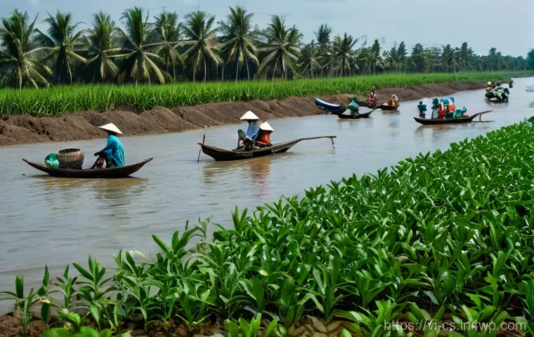 해수면 상승 대응을 위한 자금 조달 방법 - A vibrant, wide-angle shot of a resilient Vietnamese coastal community in the Mekong Delta actively ...