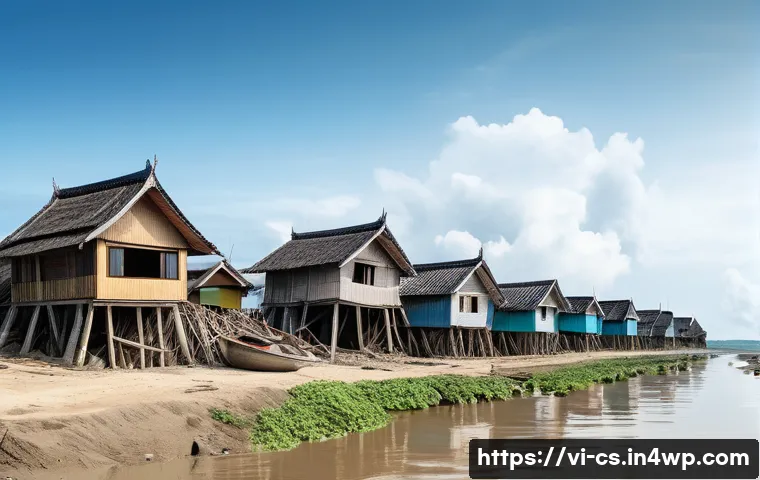 해수면 상승의 경제적 기회와 도전 과제 - **Prompt 1: Coastal Resilience in Vietnam**
An image depicting a Vietnamese coastal village grap...