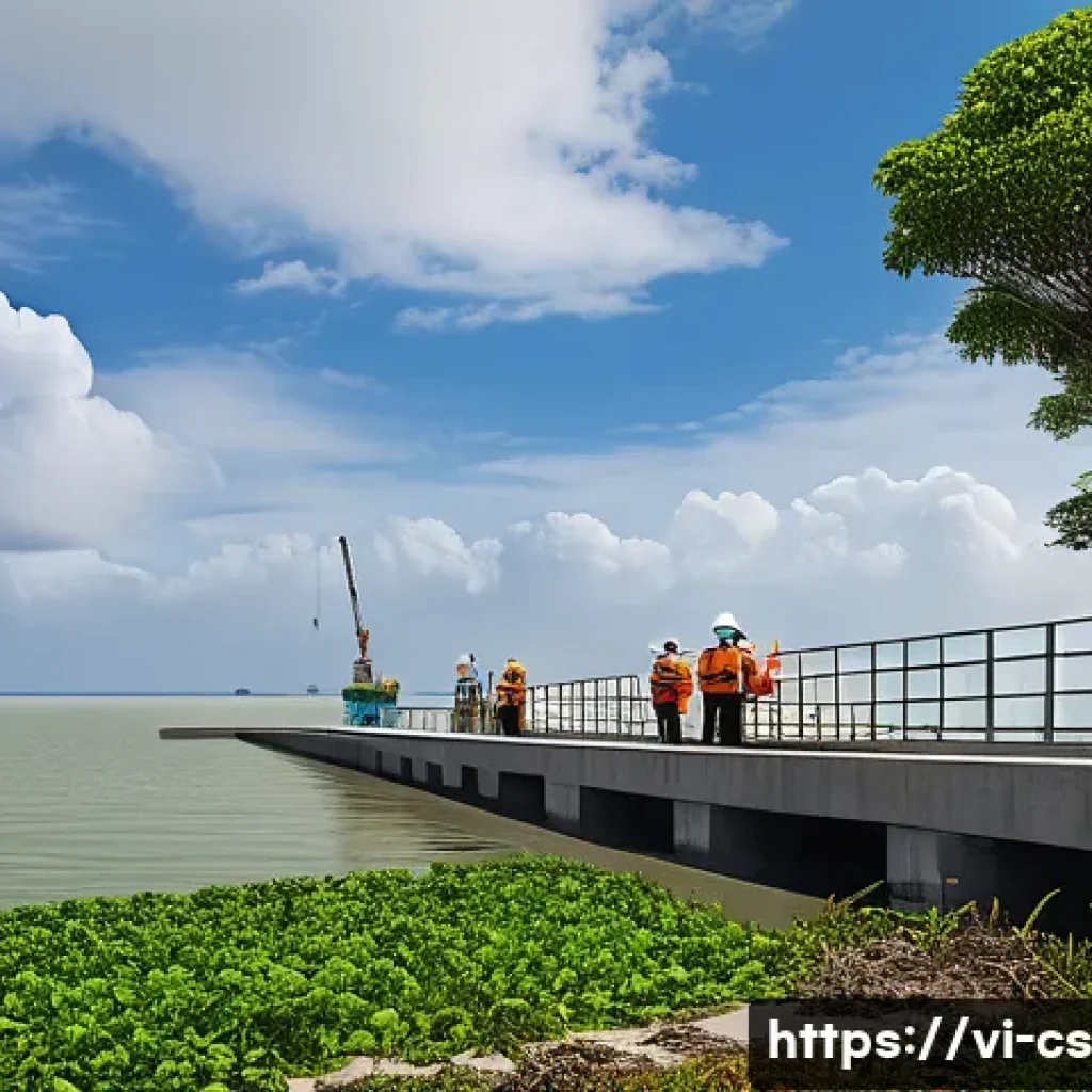 해수면 상승 대응에 효과적인 설계 원칙 - A flexible coastal engineering structure designed to adapt to rising sea levels, featuring sturdy co...