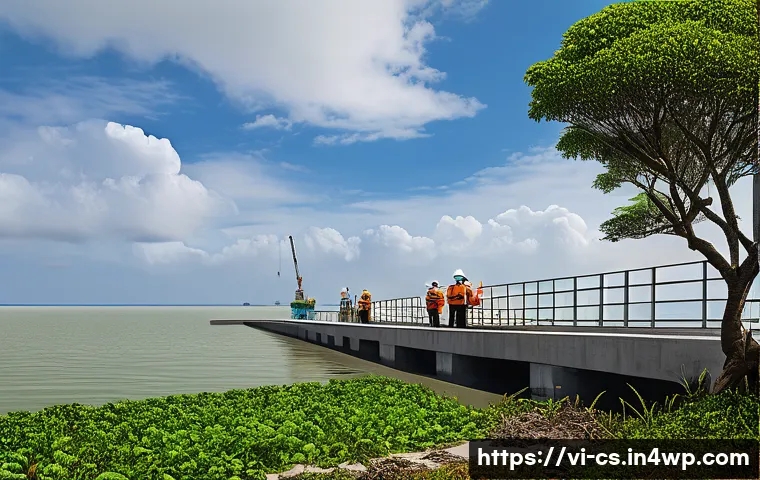 해수면 상승 대응에 효과적인 설계 원칙 - A flexible coastal engineering structure designed to adapt to rising sea levels, featuring sturdy co...