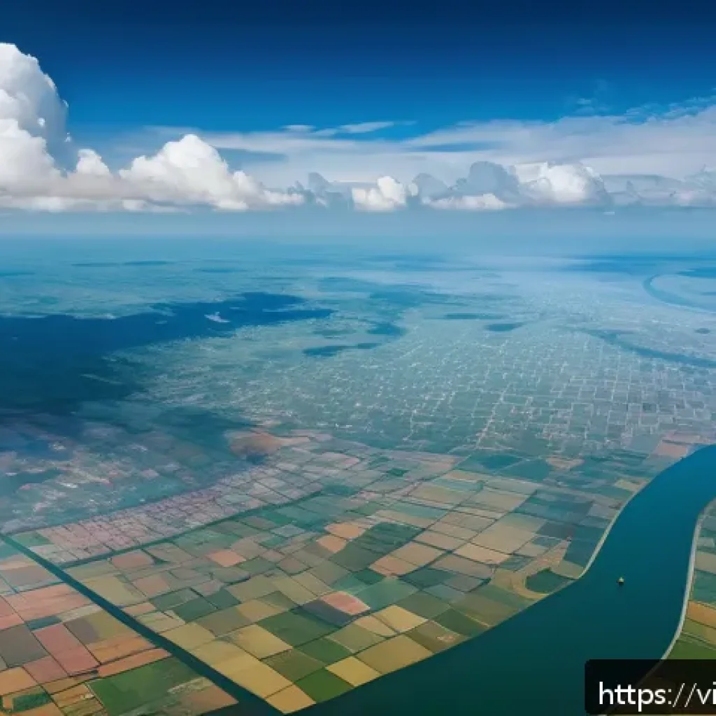 해수면 상승 대응을 위한 데이터 분석 기법 - A detailed satellite view of the Mekong Delta coastline in Vietnam during high tide, showcasing adva...