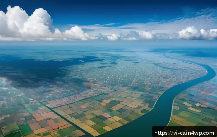 해수면 상승 대응을 위한 데이터 분석 기법 - A detailed satellite view of the Mekong Delta coastline in Vietnam during high tide, showcasing adva...