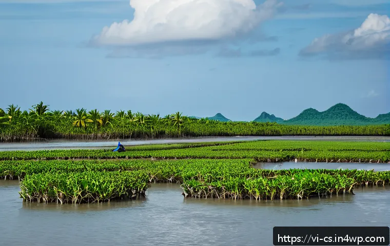 해수면 상승과 지속 가능한 발전 목표 - A detailed coastal mangrove forest in Vietnam showing the effects of climate change with partially e...