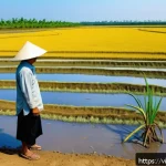 Home 18 해수면 상승이 농업에 미치는 영향 - A detailed illustration of a Vietnamese coastal rice field affected by saltwater intrusion during th...
