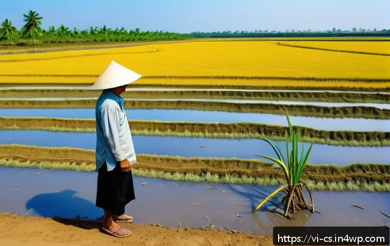 해수면 상승이 농업에 미치는 영향 - A detailed illustration of a Vietnamese coastal rice field affected by saltwater intrusion during th...
