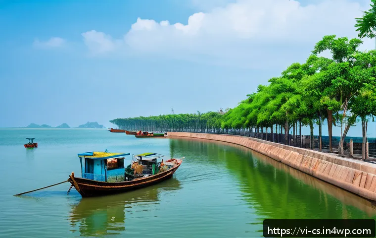 해수면 상승과 도시 개발의 지속 가능성 - A detailed coastal cityscape in Vietnam featuring a multifunctional seawall and breakwater made of s...