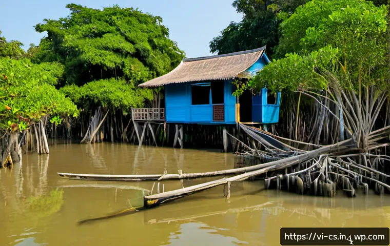 Home 17 해수면 상승과 해양 생태계 변화 - Photorealistic wide-angle view of Vietnam’s Mekong Delta at high tide, rising seawater surrounding s...