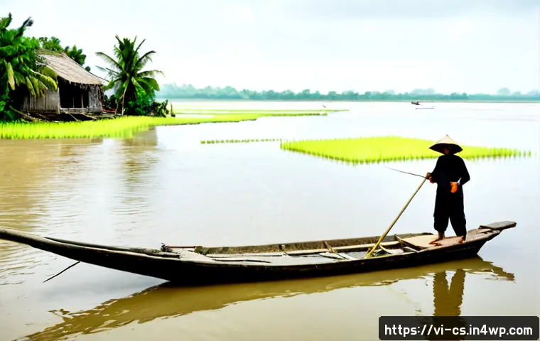 Home 17 해수면 상승의 역사적 사례 분석 - Photorealistic historical coastal scene in the Mekong Delta, Vietnam, showing an old wooden stilt ho...